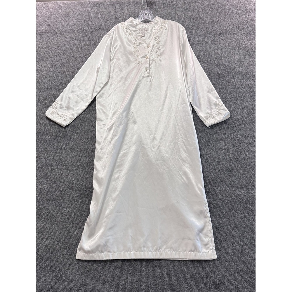 Claire's Rose Satin Maxi Long Nightgown Soft White Women's Sz M Embroidered